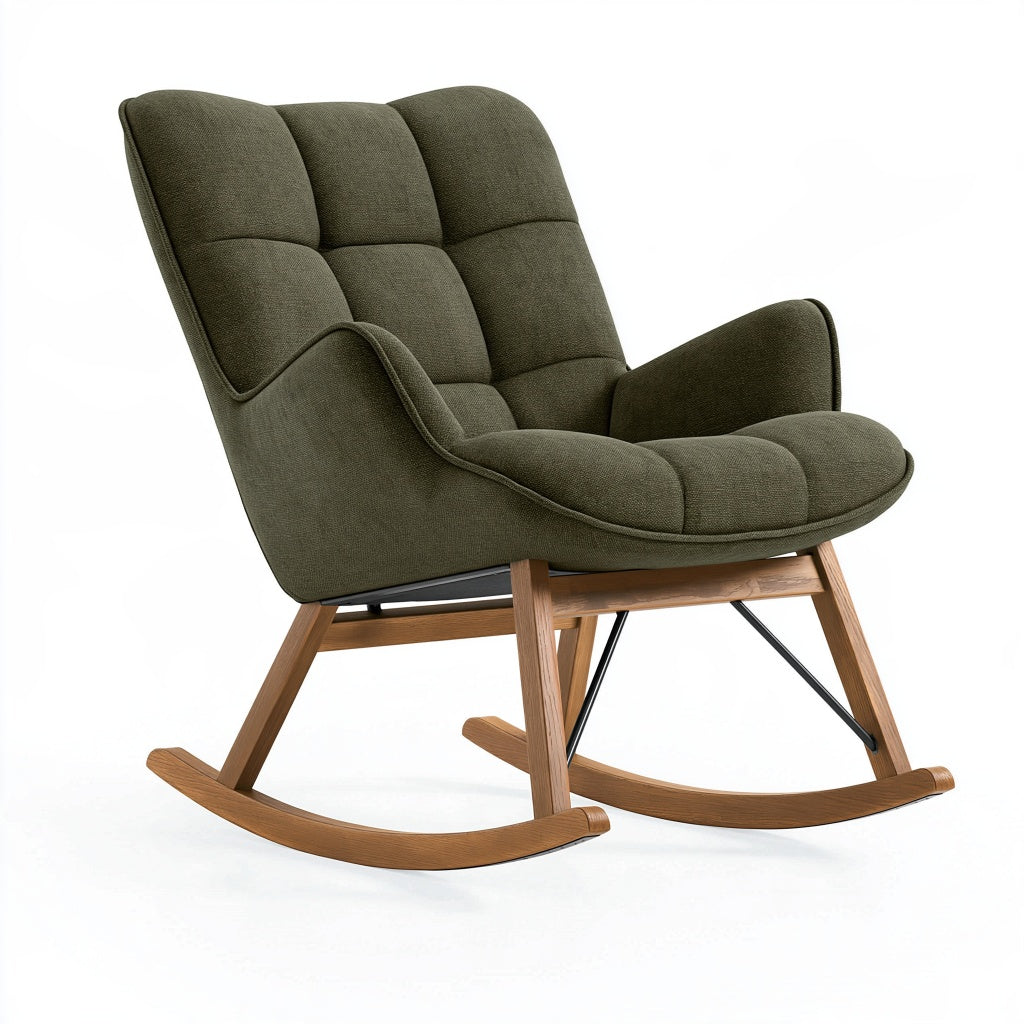 Schaukelstuhl 70 cm Textil Olivgrün mit Holzgestell gepolstert