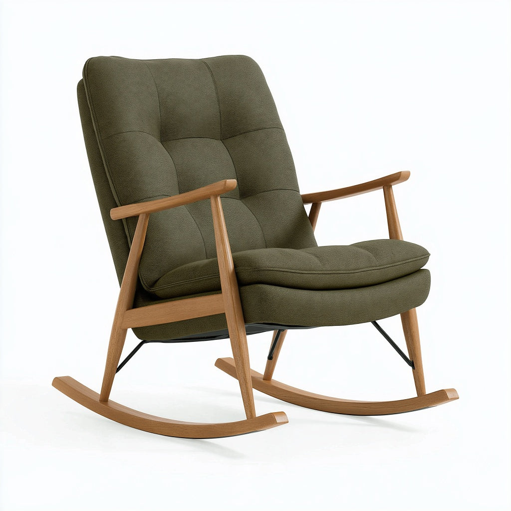 Schaukelstuhl 68 x 90 x 100 cm olivgrüner Stoff Holzgestell skandinavischer Wohnsessel