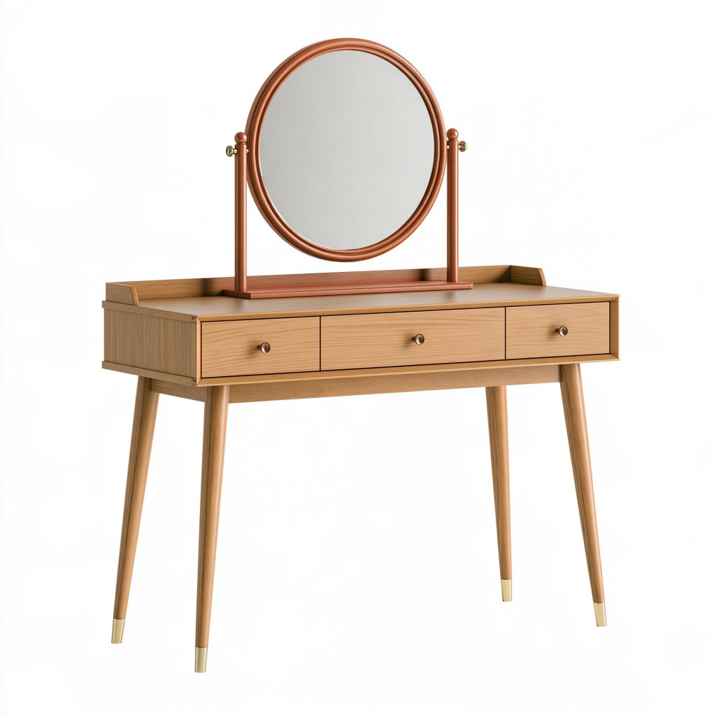 Schminktisch 100 x 45 x 135 cm Holz Naturbraun Kupfer mit Spiegel und 3 Schubladen Mid Century Stil