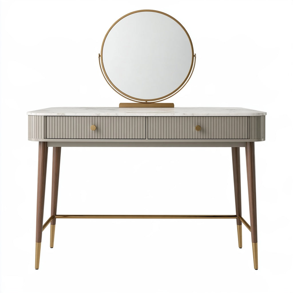 Schminktisch 120 x 45 cm mit Spiegel Holzoptik Weiß Gold geriffeltes Design