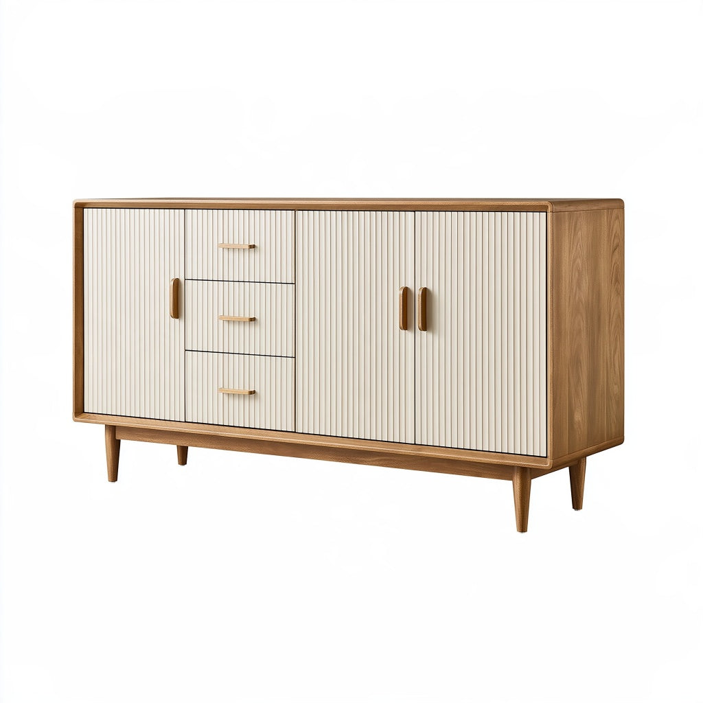 Sideboard 160 x 40 x 90 cm Holzwerkstoff Naturholz Creme geriffelte Front im Mid Century Stil