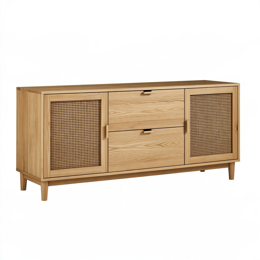 Sideboard 160 x 40 x 75 cm Naturholz mit Rattangeflecht skandinavischer Stauraum