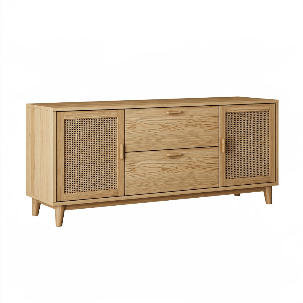 Sideboard 160 x 40 x 75 cm Holz Natur mit Rattangeflecht im Retro-Stil