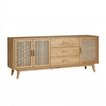 160 x 40 x 75 cm Sideboard Naturholz mit Rattangeflecht - Mid-Century Stauraummöbel