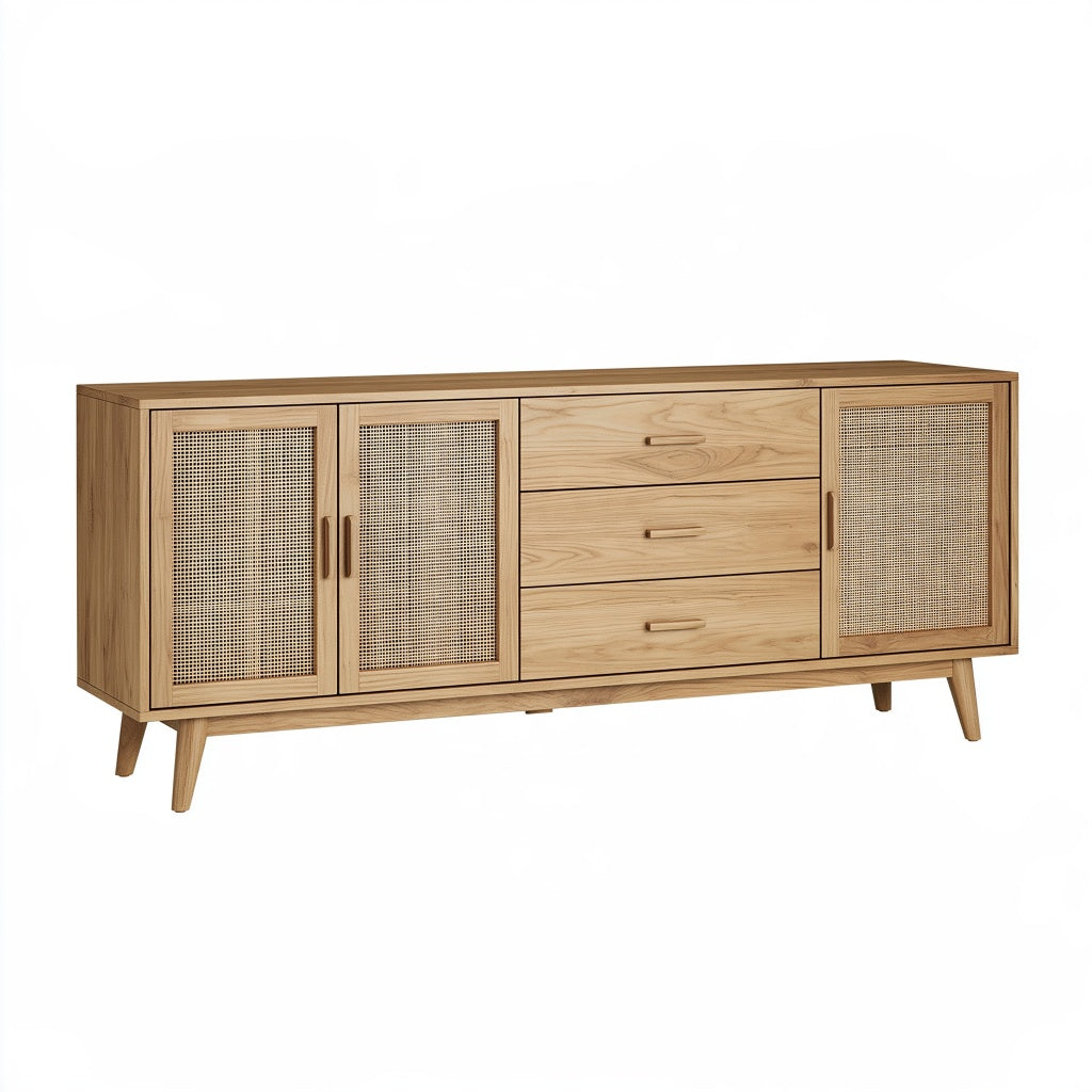 160 x 40 x 75 cm Sideboard Naturholz mit Rattangeflecht - Mid-Century Stauraummöbel