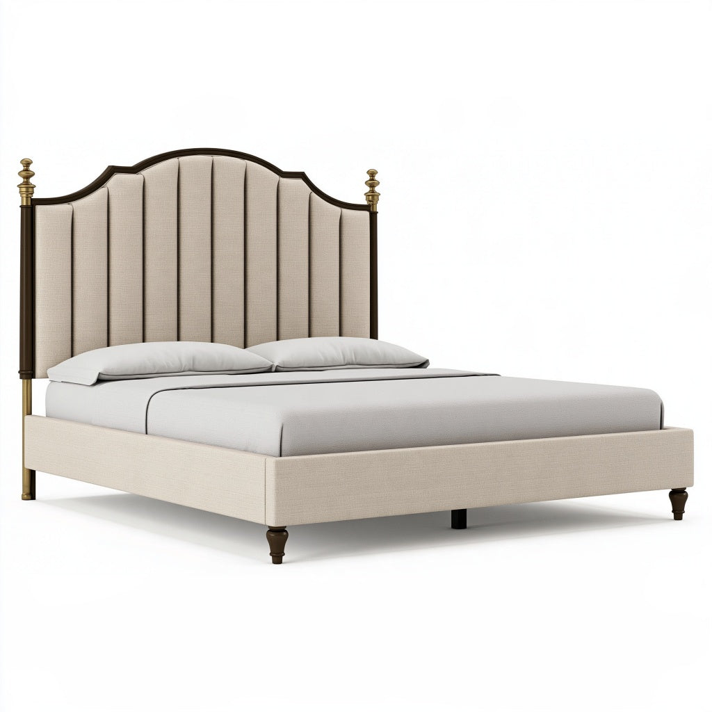 Polsterbett 160 x 200 cm Beige Stoff mit hohem Kopfteil im klassischen Stil