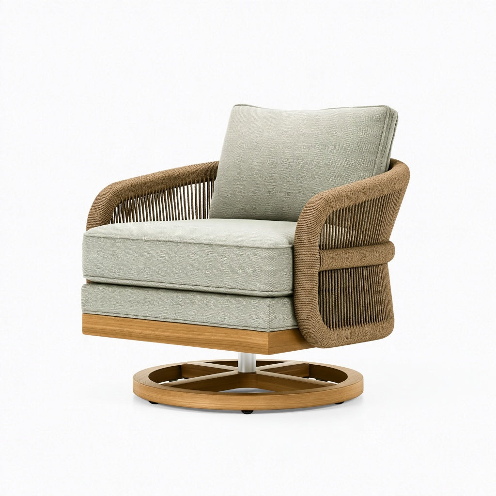 Drehsessel 82 x 80 x 86 cm mit Seilgeflecht in Beige und Naturholz