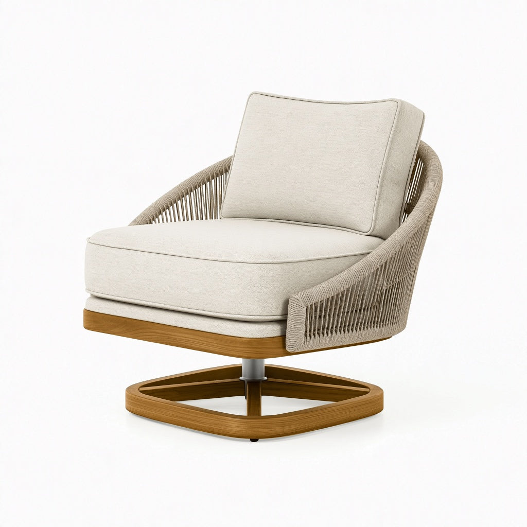 Drehsessel 80 x 84 x 82 cm mit Stoffbezug und Seilgeflecht in Beige Naturholz