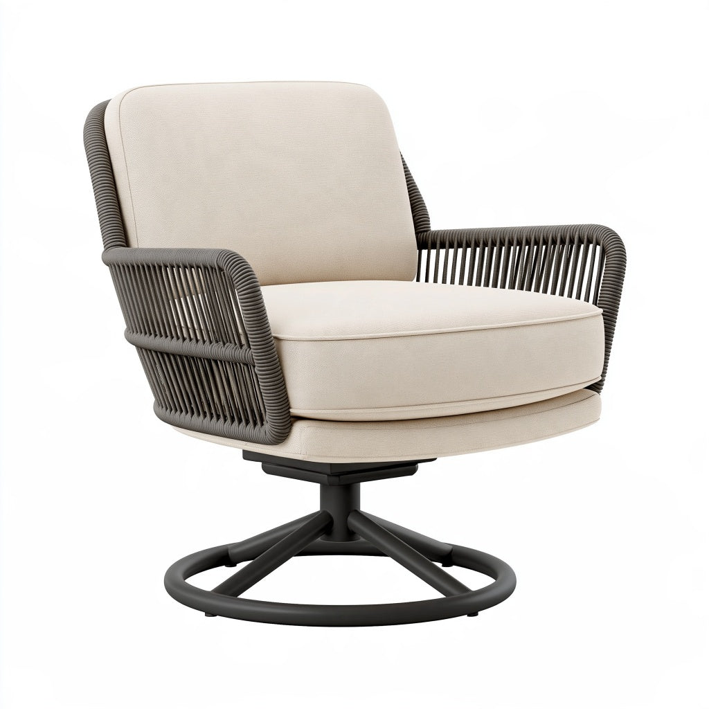 Drehsessel 78 x 82 x 86 cm mit Textilpolsterung und Seilgeflecht in Beige Grau drehbar